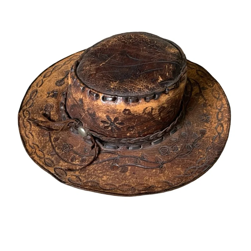 (SOLD) HANDMADE Vintage Hand Tooled Leather Mexican Western Cowboy Hat Hat O/S - Picture 1 of 15